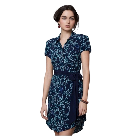 Anthropologie Maeve Bunny Rabbit Crepe Franziska Shirt Dress Navy/Green sz 6 NWT - Picture 1 of 9